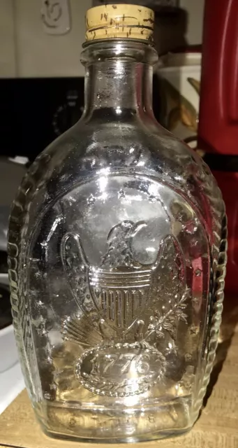 Vintage Log Cabin Syrup glass Bottle Flask 1776-1976 Bicentennial embossed