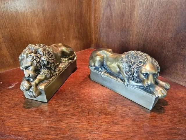 Great Pair of Cast Brass Lion Bookends, After Antonio Canova (1757-1822)