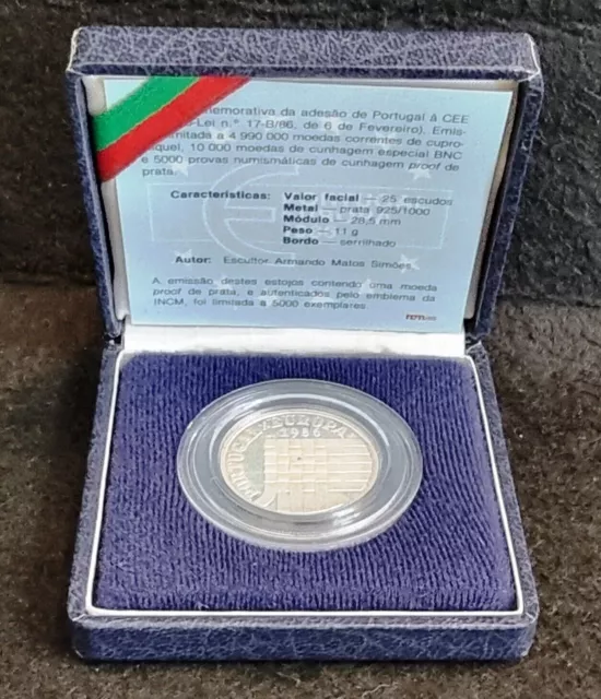 1986 Portugal 25 Escudos A Prueba De Plata Caja Europea Muy Rara