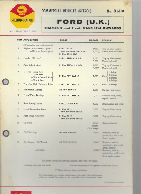 7 Ton Shell SHELL LUBRICATION CHART Servicing Guide Ford Thames 5 & 7 Ton Vans ...