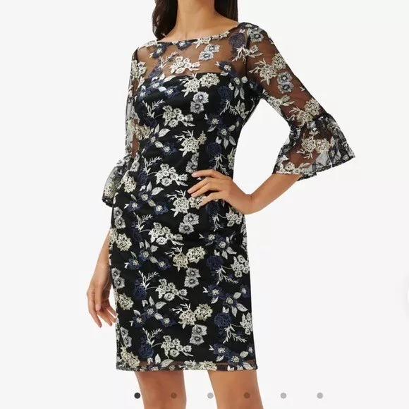 Adrianna Papell Floral Embroidered Illusion Short Sheath Dress size 6 new nwt