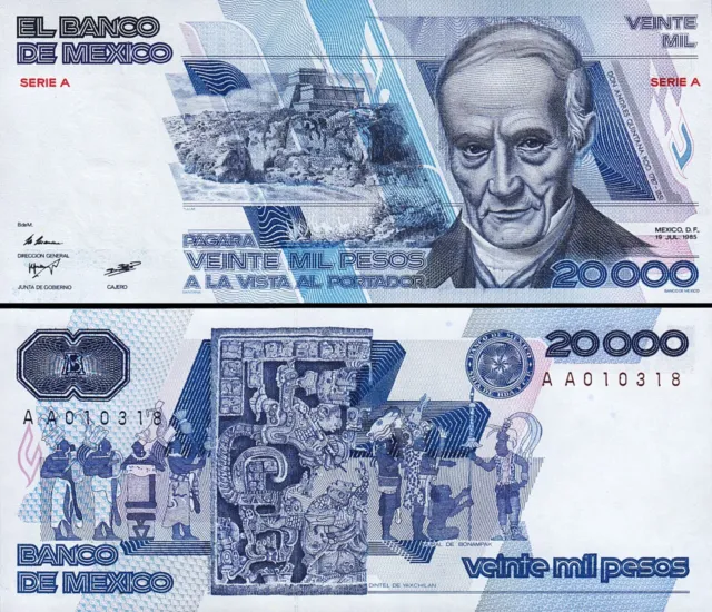 Mexico 20000 Pesos 1985, UNC, P-91a, Serie A, Prefix A A