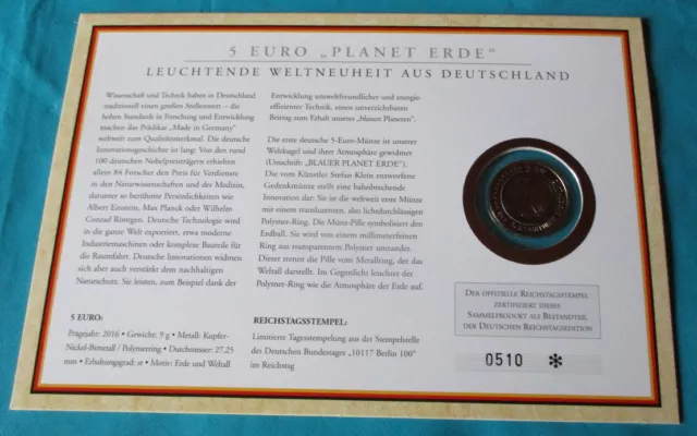 Numisbrief BRD 5 Euro Blauer Planet Erde  Polymerring -   2016 2