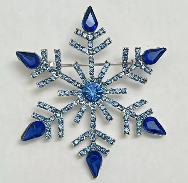 Royal Blue Crystal Glass Rhinestone Christmas Snowflake Brooch Pin Large Vintage