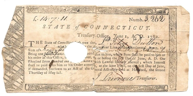Revolutionary War  1782 Pay Note For Service In The Continental Army Connecticut