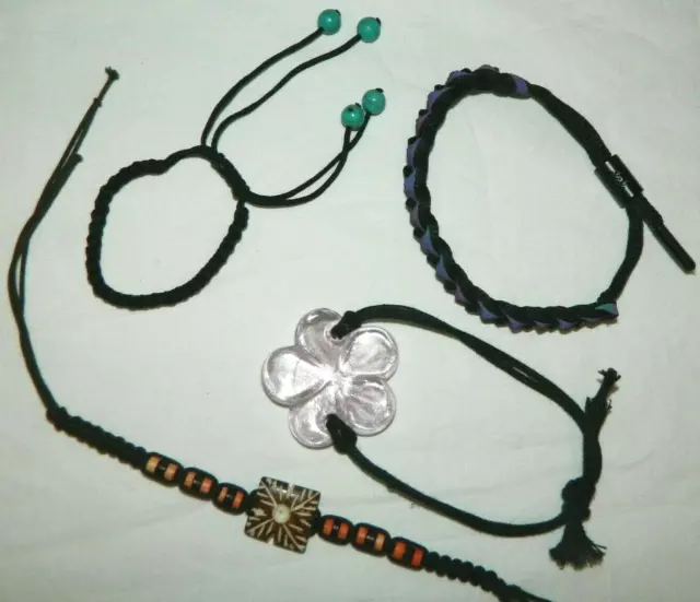 Braided Macrame Cord Adjustable Bracelets Lot Of 4 Beads Flower Iridescent