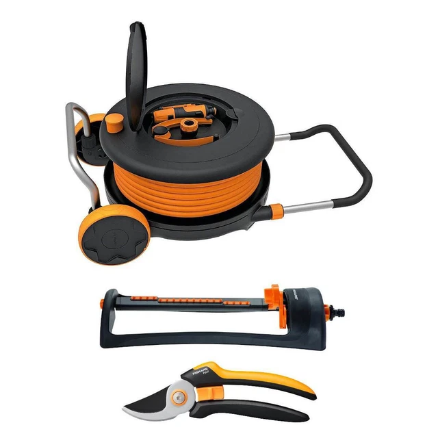 Fiskars Waterwheel M Rollwagen Vierecksprinkler M & Gartenschere | Schlauchwagen