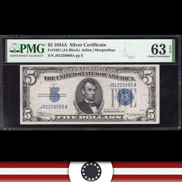 1934-A $5 SILVER CERTIFICATE *J-A Block* PMG 63 EPQ Fr 1651 59099