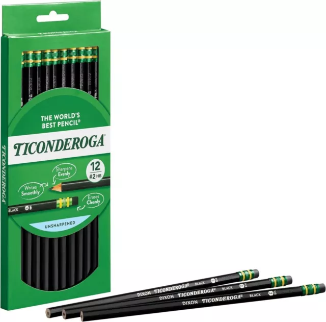 Ticonderoga Wood-Cased Pencils, Unsharpened, 2 HB Soft, Black, 12 Count