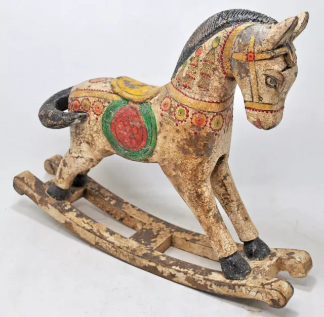 Hand Carved Wooden Rocking Horse Figurine Rustic Hand Painted White