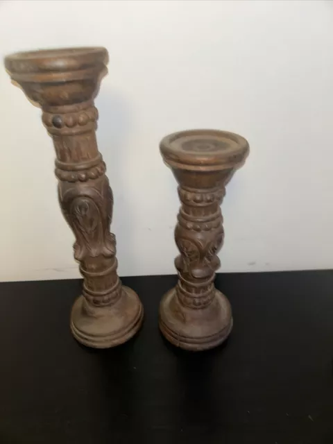 Pair Of carved Solid wood candlesticks 3”