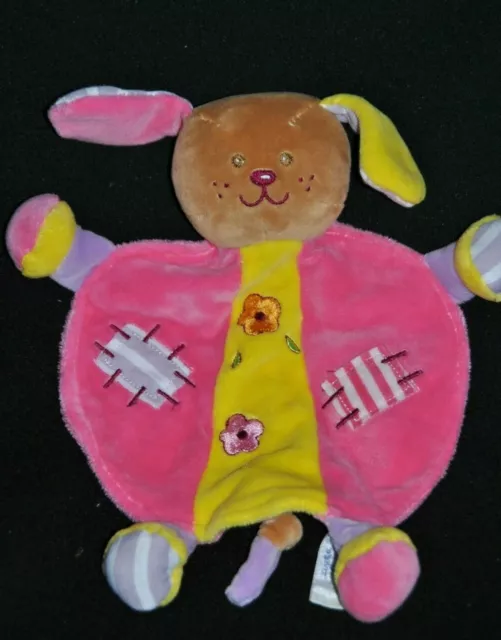 Peluche Doudou Chien Plat Rose Jaune AJENA Lapin Fleurs Brodées Hochet Etat NEUF