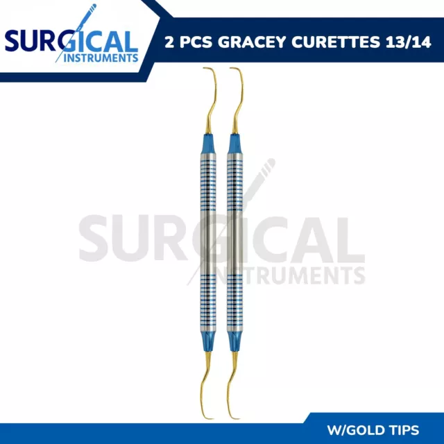 2 Pcs Dental Gracey Curettes 13/14 Gold Coated Double Ended with Hollow Handle