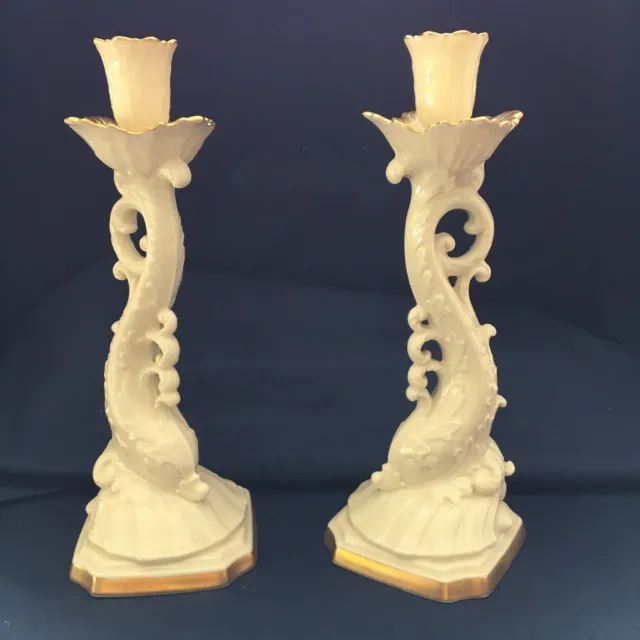 Two Lenox Aquarius Collection Dolphin  Candlestick Holders Gold Trim 10” Tall