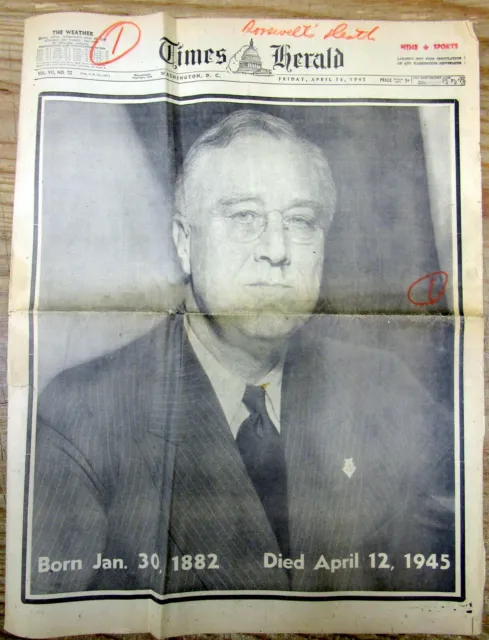 1945 Washington DC display newspaper w DEATH of PRESIDENT FRANKLIN D ROOSEVELT