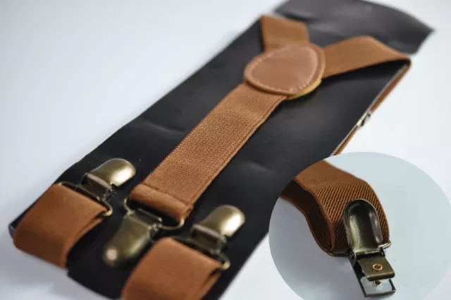 Toffee Brown Tan Elastic Suspenders Braces Bronze Metal Clips for Men Boys Baby
