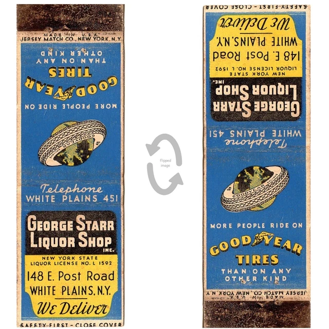 Vintage Matchbook Cover George Starr Liquor White Plains NY 1940s Goodyear tires
