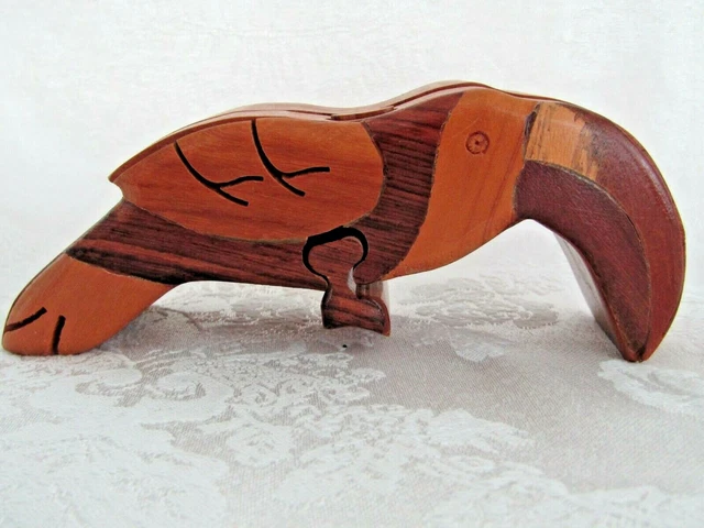 Hand Carved Toucan Puzzle Secret Compartment Wooden Trinket Box