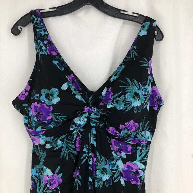 SWIMSUITS FOR ALL One Piece Black Floral Empire Waist Swimsuit Dress 20