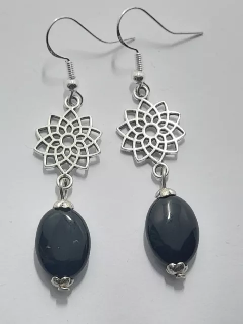 Black Onyx Oval beads Dangle Earrings In 925 Sterling Silver hooks