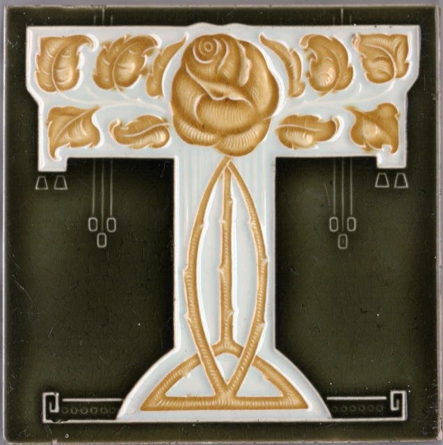 Gorgeous Reclaimed original period antique Art Nouveau Majolica tile Golden rose