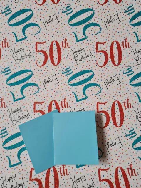 2 SHEETS OF GOOD QUALITY THICK 50th BIRTHDAY WRAPPING PAPER + 2 BLUE GIFT TAGS