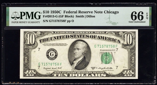 1950C Federal Reserve Note Chicago $10 Note Smith/Dillon PMG Gem 66 EPQ