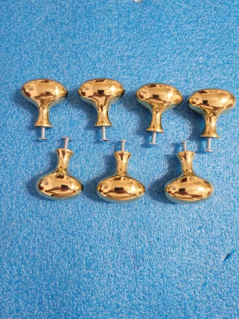 7 Vtg Solid Shiny Brass Oval Football Shape Cabinet Knobs Drawer Pulls W/Screw. 2