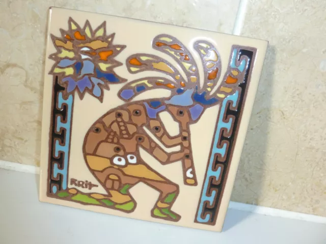 Earthtones Terracotta 15Cm Square Tile Plaque/Trivet With Kokopelli Flute Player