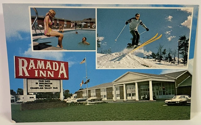 Postcard VT South Burlington Vermont Ramada Inn Multi View Swimming Pool Skiing