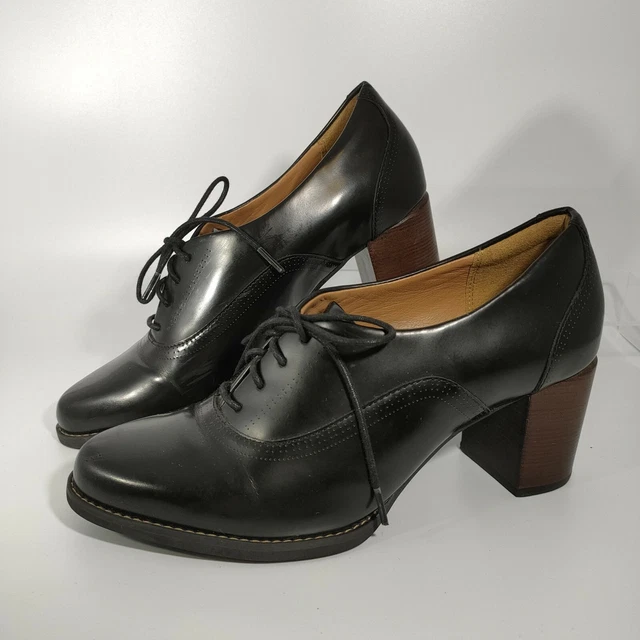 CLARKS ARTISAN OXFORD Heels Brogues UK Size 4 Black Leather Lace