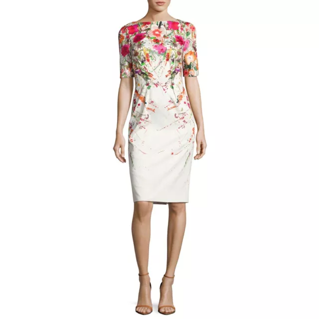 Lela Rose Claire Wild Flower Print Sheath Boat Neck White Dress Size 8 $1195