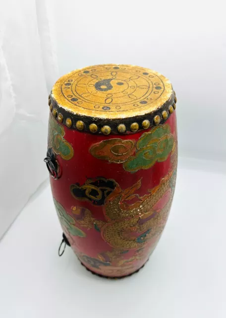 Antique Tibetan Red Hand Painted Dragon Drum (Multicolor paintings)