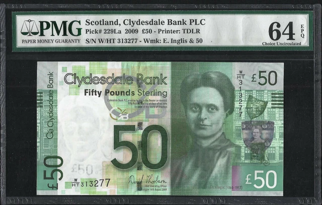 SCOZIA 50 Sterline 2009 - Clydesdale Bank - Pick.229 UNC PMG 64 EPQ