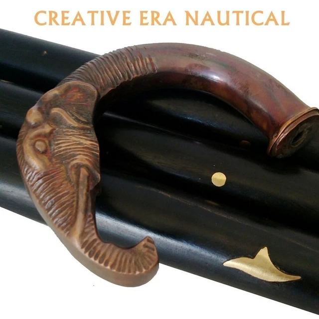 Antique Designer Brass Brown Elephant Head Handle With Wooden Walking Stick Cane