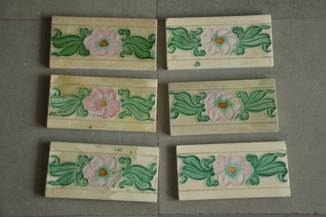 6 Pc Vintage Flower Embossed Fine Colorful Ceramic Tiles,England
