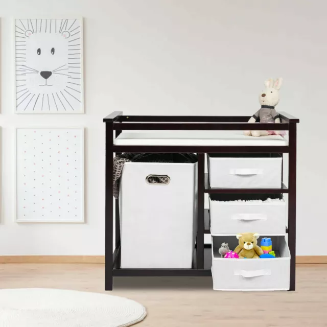 Infant Baby Changing Table Diaper Station 3 Basket Hamper Storage Nursery w/ Pad