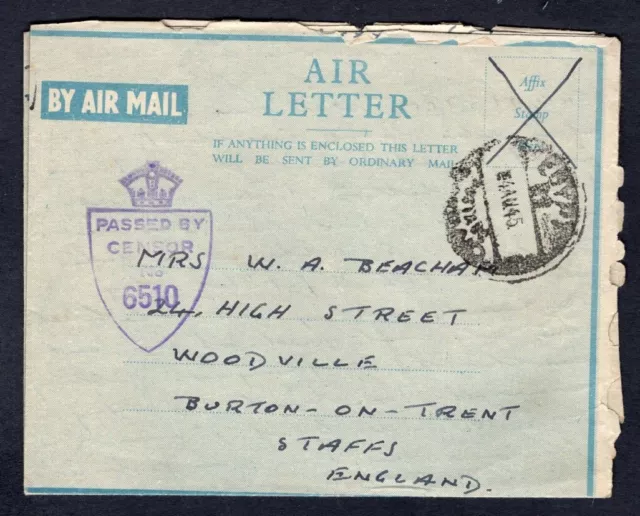 GB WW2 1945 Censored Air Letter Cover from Egypt to Burton-on-Trent