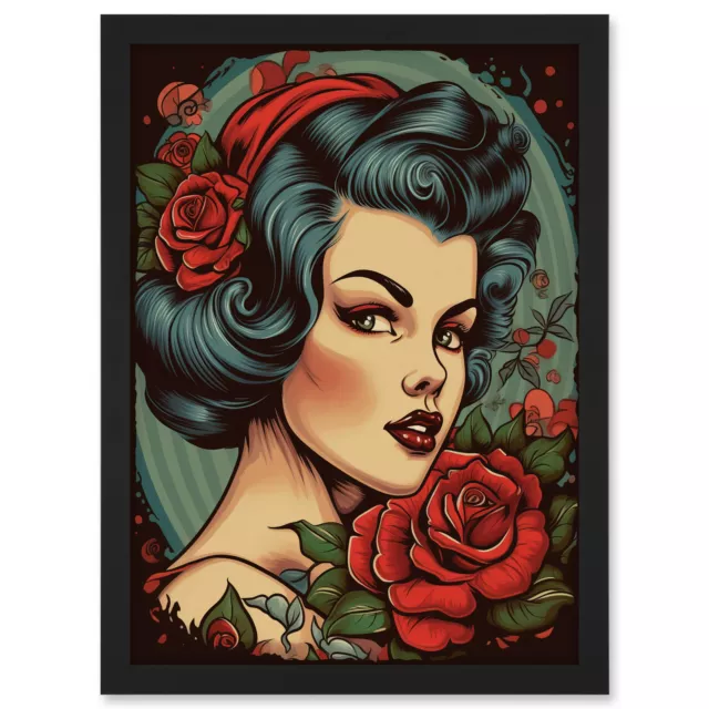 Snow White Roses Pin Up Rockabilly Americana 50s Framed Art Picture Print A3