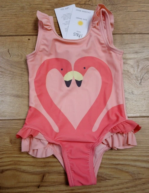 M&S costume da bagno fenicottero resistente al cloro bambina rosa pesca UPF 50+ 9-12 mesi