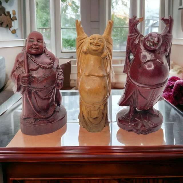 3 Vintage Wood Carving carved Wooden Happy Laugh Laughing Buddha Statue Signed