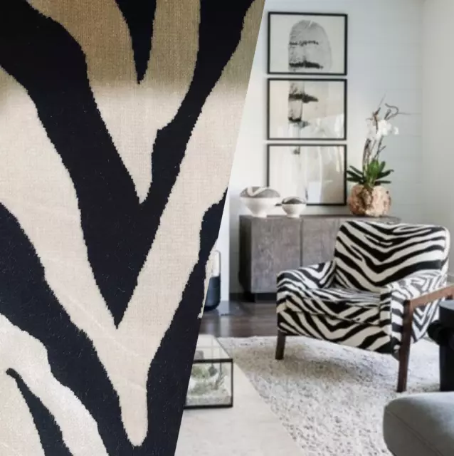 Matilda Designer Imported Zebra Velvet Upholstery Fabric - White & Black