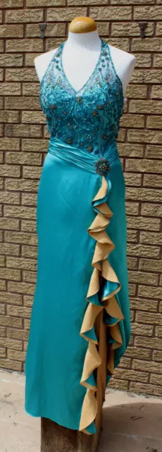 Tony Bowls Le Gala Halter Gown Turquoise Gold Formal Sequins Prom Dress S/M