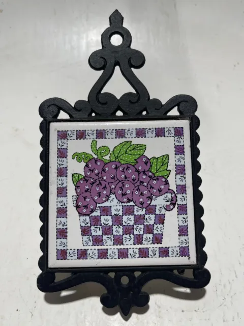 Grape Fruit Ceramic Tile Cast Iron Hot Plate Trivet Vintage 70s
