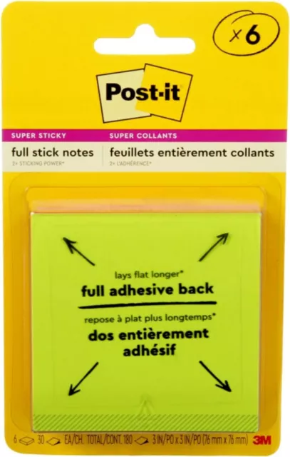 Post-it Super Sticky Full Stick Notes, 3 in x 3 in, 6 Pads, 2x the Sticking...