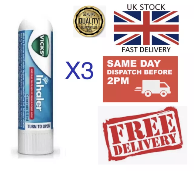 🇬🇧3 X VICKS Inhaler Nasal Stick - Quick Relief From Blocked Nose, Decongestion