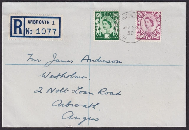 1958 Scotland 1s3d+6d Regional Definitives Arbroath Registered FDC; CDS