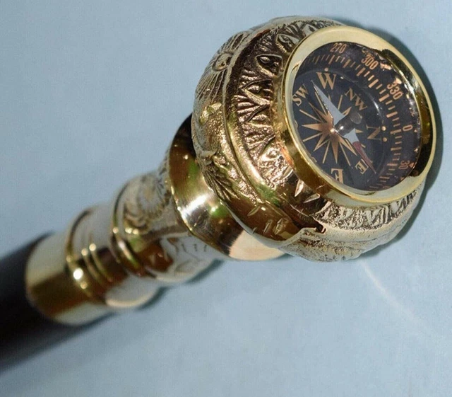Wooden Walking stick Brass Roman Compass On Top Cane Head Handle Victorian stick