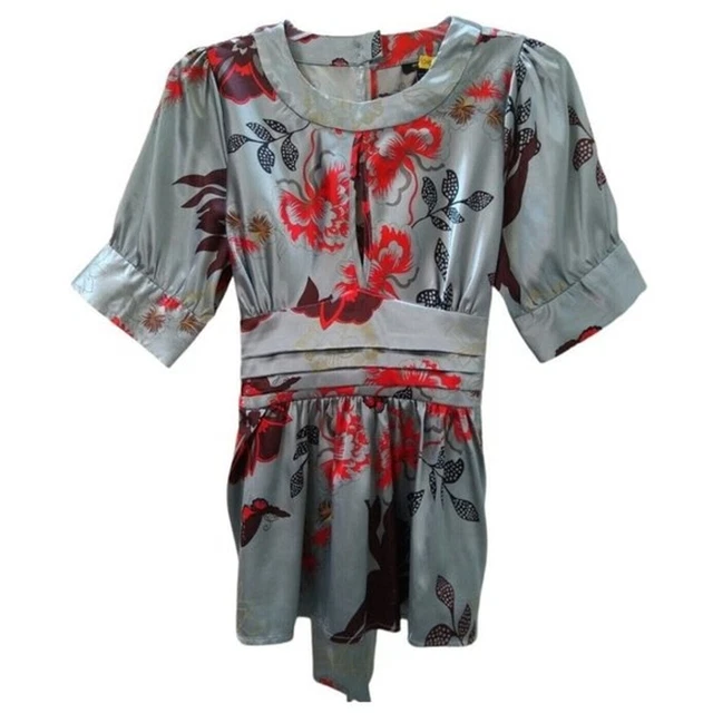 BCBG Satin Blouse Medium Empire Peplum Waist Keyhole Neckline Back Tie Floral