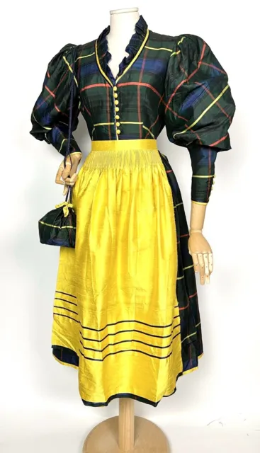 VTG 80s German bespoke silk dirndl dress apron bag set Octoberfest Folk 10UK S